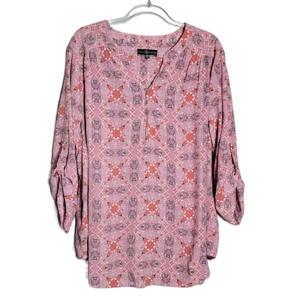 Fred David Womens 3X Pink‎ Floral Tunic Blouse Roll Tab Sleeve V Neck